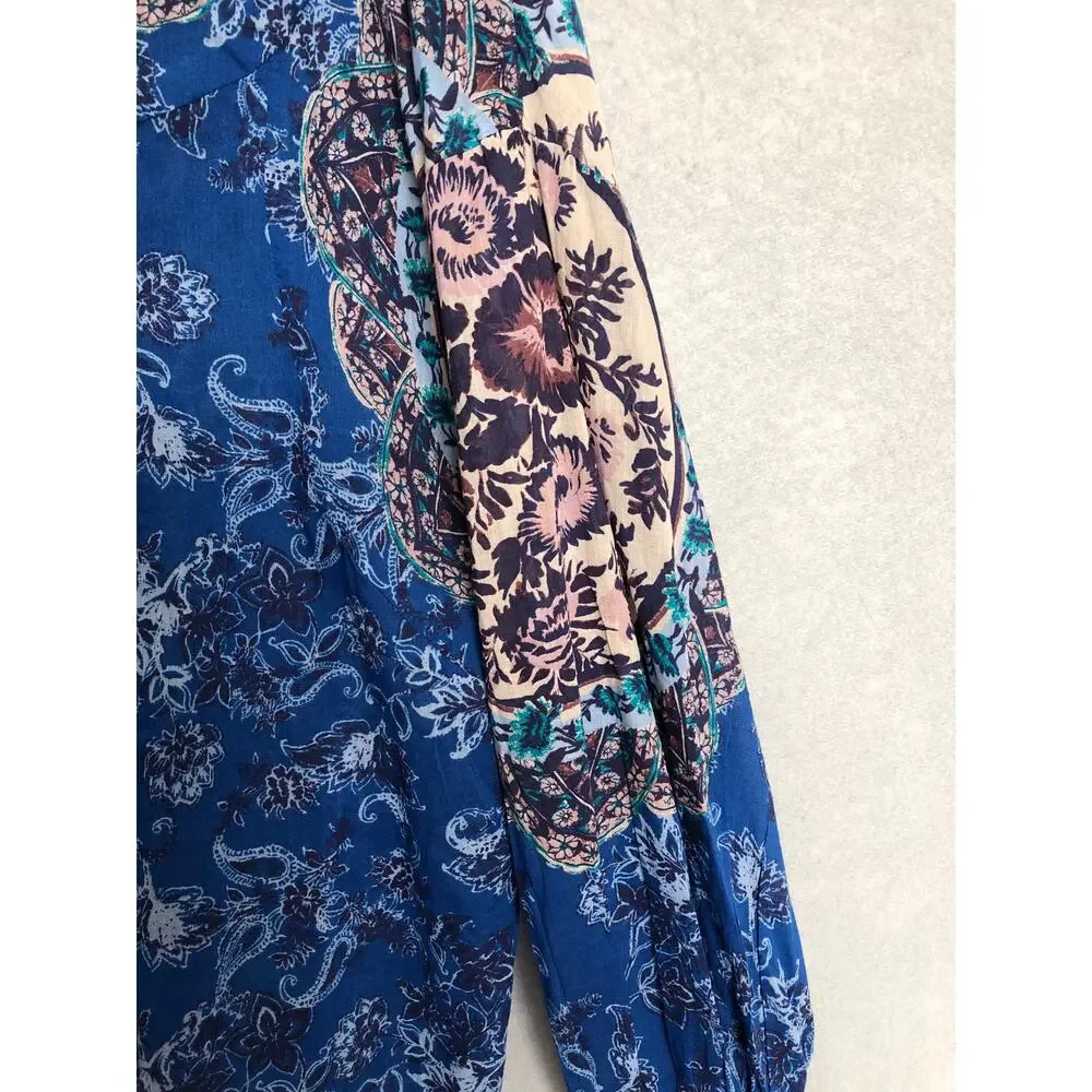 Free People Button-Up Top Floral Lightweight Blue Motif Women's Medium NEW